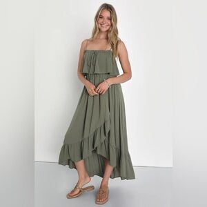 Lulu’s Sincerely Yours Olive Green Ruffled Midi Dress